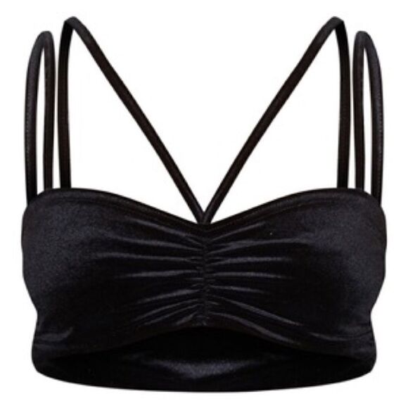 Pretty Little Thing Black Ruched Cross Back Velvet Crop Top - Picture 2 of 11